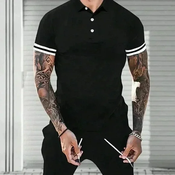 Black Casual Men Striped Trim Polo Shirt & Shorts - Picture 1 of 4